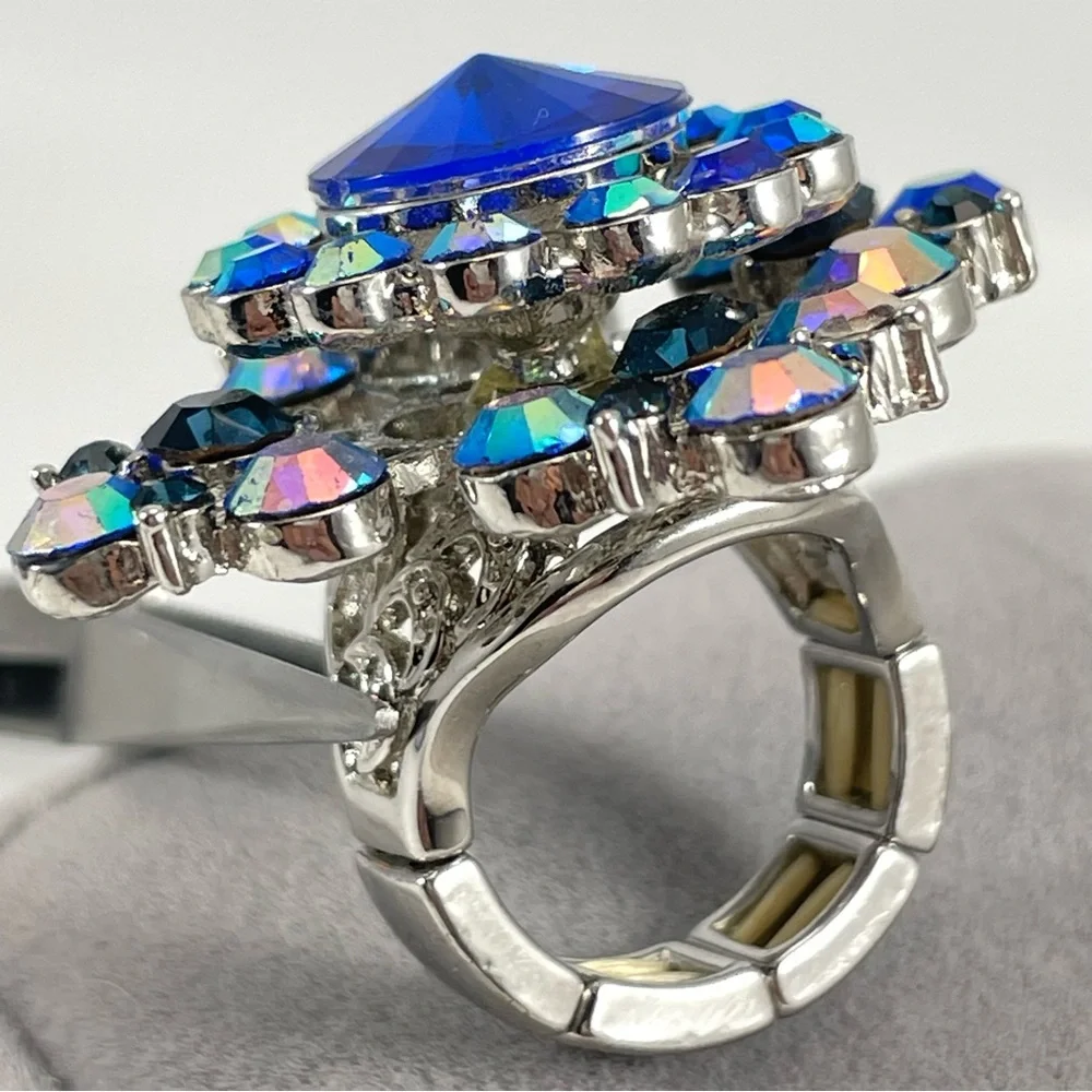 Stunning Silver Tone Big Statement Blue AB Glass Rhinestone Adjustable Ring